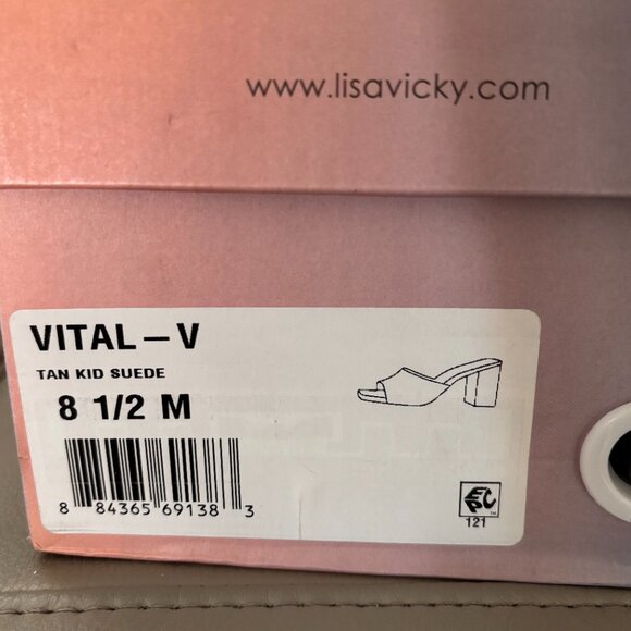 Lisa Vicky Vital - V  Tan Kid Suede Block Heel Slide Sandal Heels New in Box - Picture 7 of 9